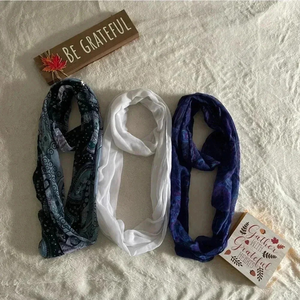 3 Scarves Round‎ Lightweight Coastal Nautical Paisley Blue White Purple